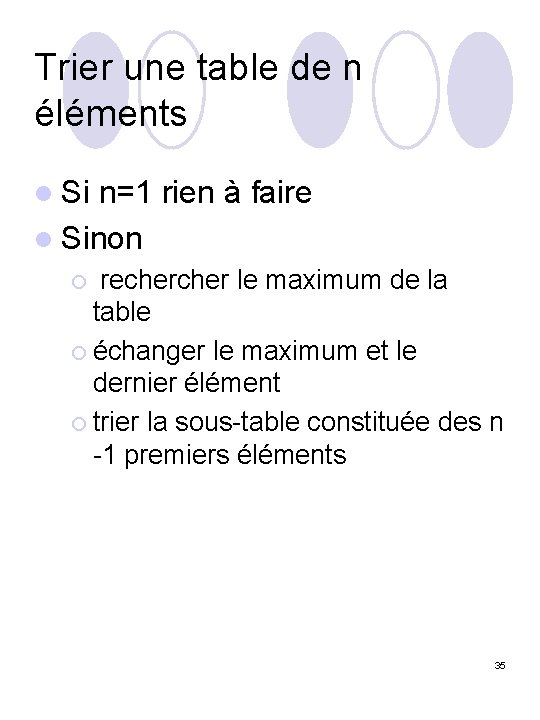 Trier une table de n éléments l Si n=1 rien à faire l Sinon