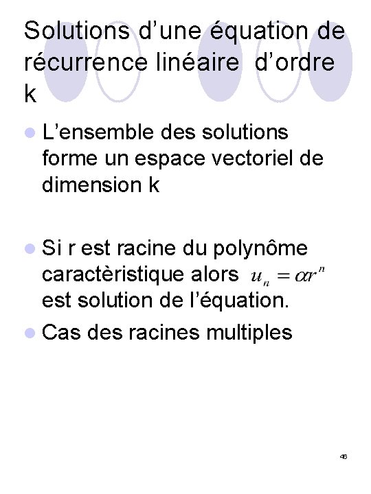 Solutions d’une équation de récurrence linéaire d’ordre k l L’ensemble des solutions forme un