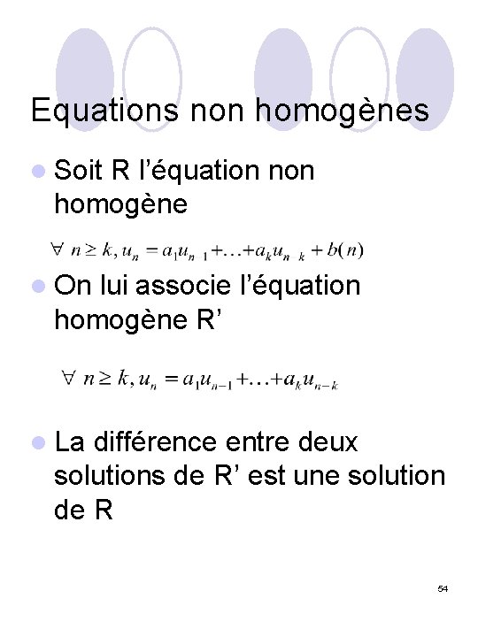 Equations non homogènes l Soit R l’équation non homogène l On lui associe l’équation