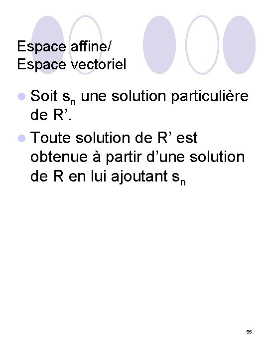 Espace affine/ Espace vectoriel l Soit sn une solution particulière de R’. l Toute