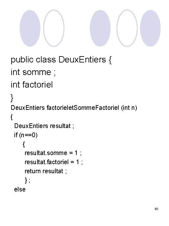 public class Deux. Entiers { int somme ; int factoriel } Deux. Entiers factorielet.