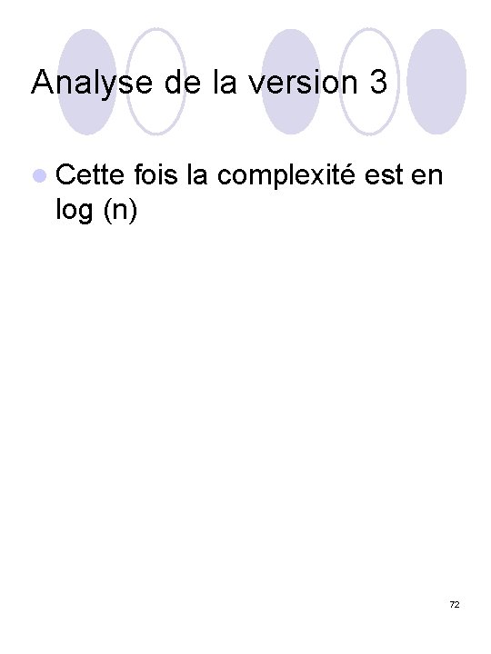 Analyse de la version 3 l Cette fois la complexité est en log (n)