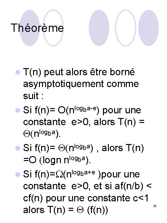 Théorème l T(n) peut alors être borné asymptotiquement comme suit : l Si f(n)=