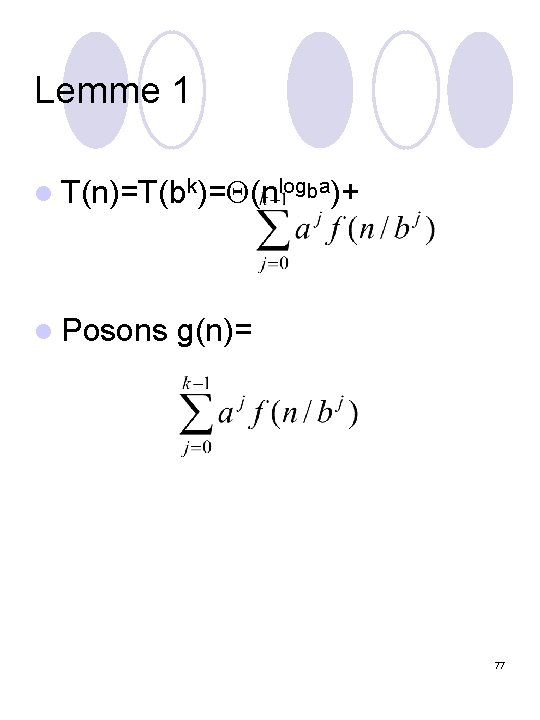 Lemme 1 l T(n)=T(bk)= (nlogba)+ l Posons g(n)= 77 
