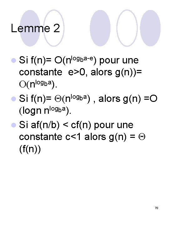 Lemme 2 l Si f(n)= O(nlogba-e) pour une constante e>0, alors g(n))= O(nlogba). l