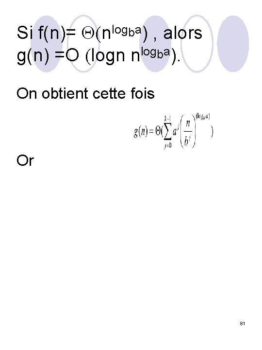 Si f(n)= (nlogba) , alors g(n) =O (logn nlogba). On obtient cette fois Or