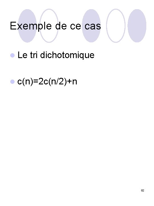 Exemple de ce cas l Le tri dichotomique l c(n)=2 c(n/2)+n 82 