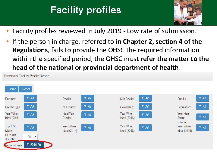 Facility profiles • Facility profiles reviewed in July 2019 - Low rate of submission.