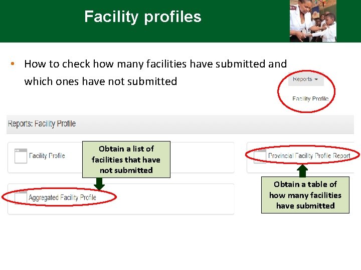 Facility profiles • How to check how many facilities have submitted and which ones