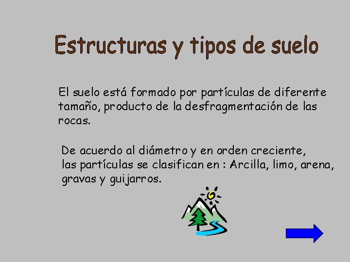 El suelo está formado por partículas de diferente tamaño, producto de la desfragmentación de