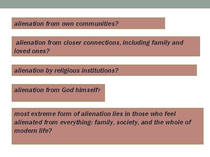 alienation from own communities? alienation from closer connections, including family and loved ones? alienation