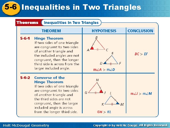 5 -6 Inequalities in Two Triangles Holt Mc. Dougal Geometry 5 -6 Inequalities in Two Triangles Holt Mc. Dougal Geometry