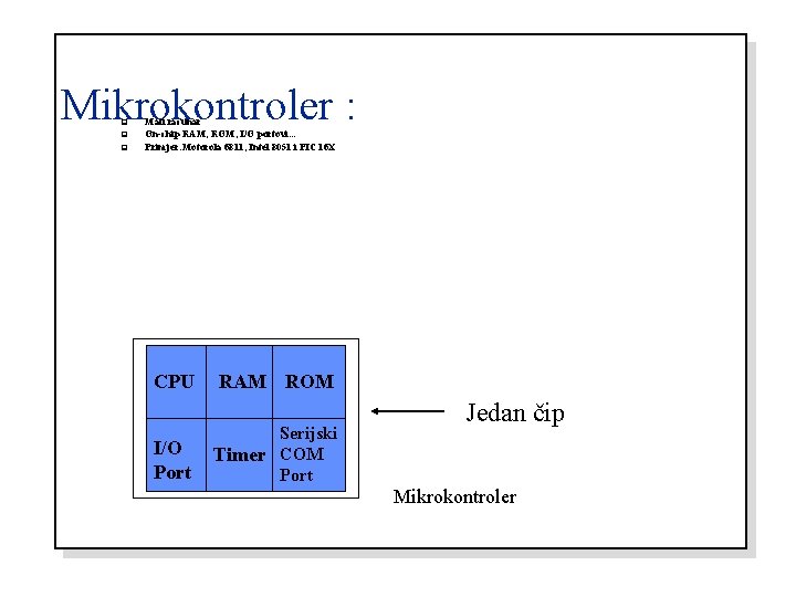 Mikrokontroler : q q q Mali računar On-chip RAM, ROM, I/O portovi. . .