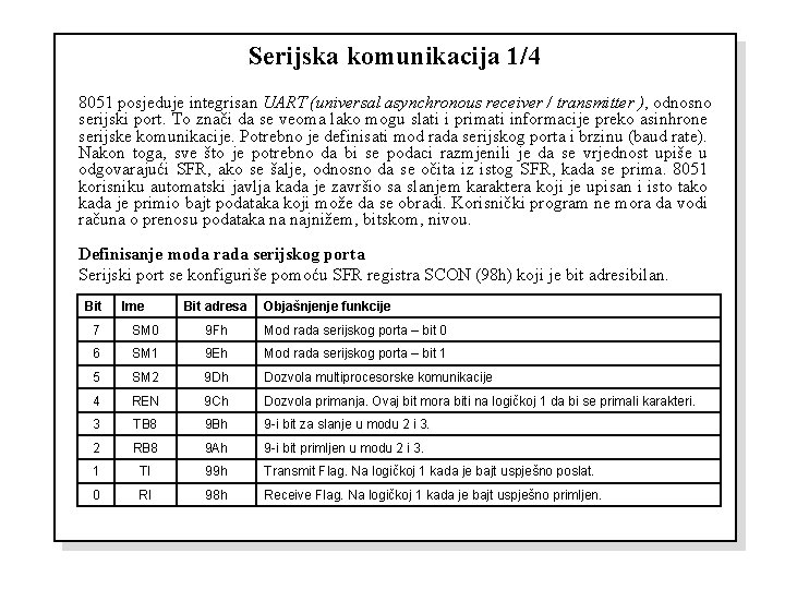 Serijska komunikacija 1/4 8051 posjeduje integrisan UART (universal asynchronous receiver / transmitter ), odnosno