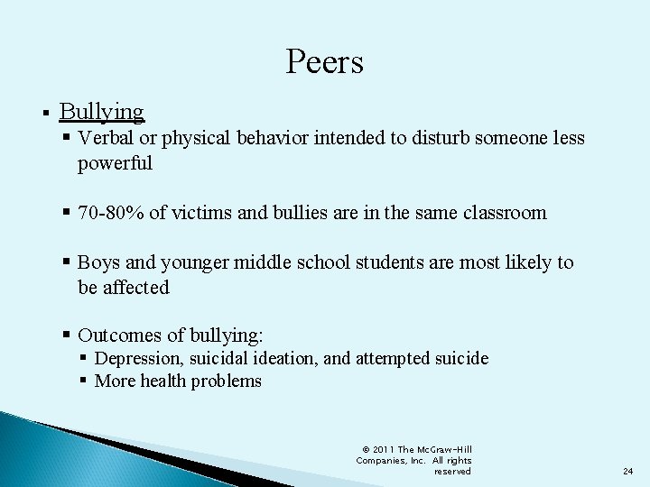 Peers § Bullying § Verbal or physical behavior intended to disturb someone less powerful