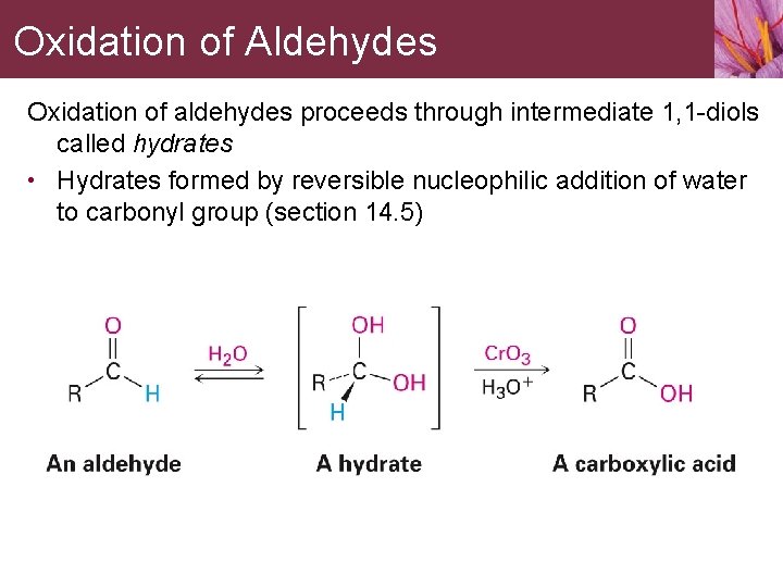 Oxidation of Aldehydes Oxidation of aldehydes proceeds through intermediate 1, 1 -diols called hydrates