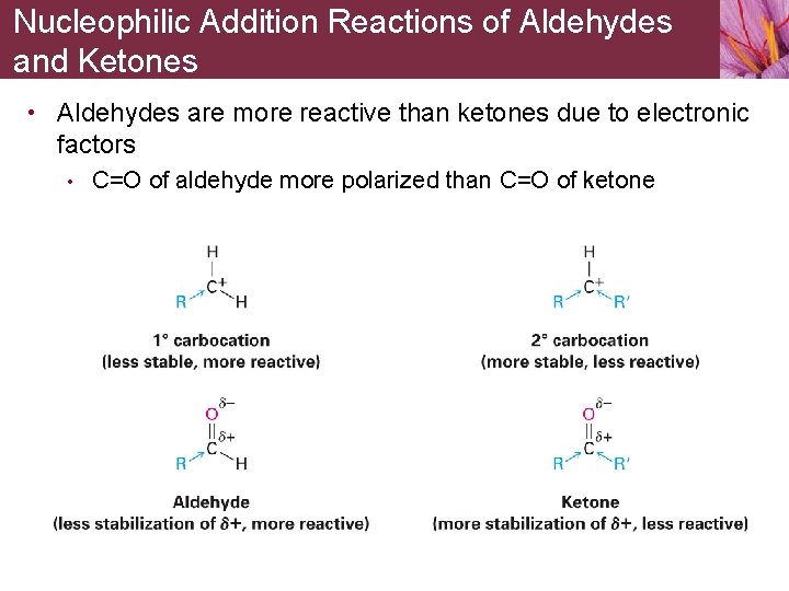 Nucleophilic Addition Reactions of Aldehydes and Ketones • Aldehydes are more reactive than ketones