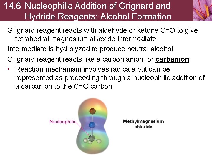 14. 6 Nucleophilic Addition of Grignard and Hydride Reagents: Alcohol Formation Grignard reagent reacts