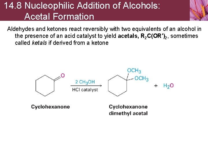 14. 8 Nucleophilic Addition of Alcohols: Acetal Formation Aldehydes and ketones react reversibly with