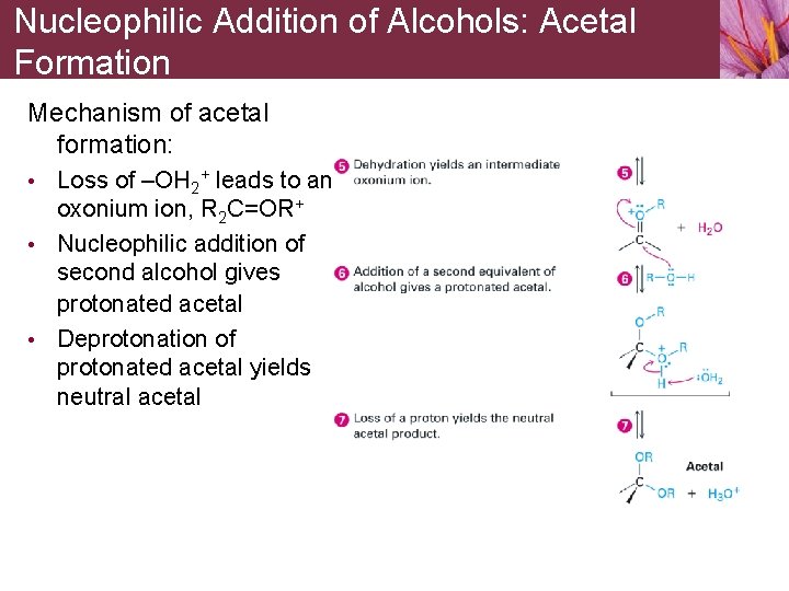 Nucleophilic Addition of Alcohols: Acetal Formation Mechanism of acetal formation: • Loss of –OH