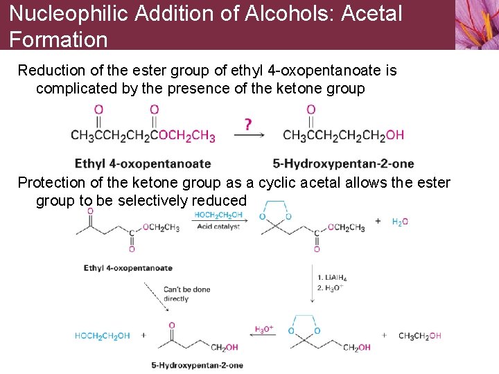 Nucleophilic Addition of Alcohols: Acetal Formation Reduction of the ester group of ethyl 4