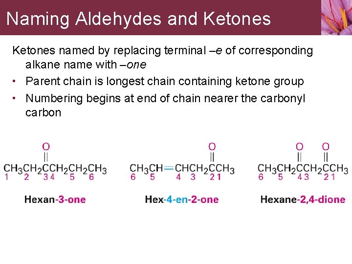 Naming Aldehydes and Ketones named by replacing terminal –e of corresponding alkane name with