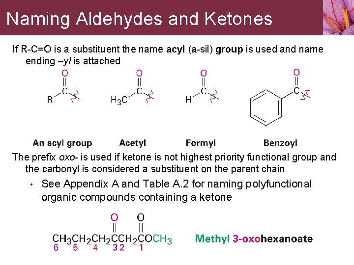 Naming Aldehydes and Ketones If R-C=O is a substituent the name acyl (a-sil) group