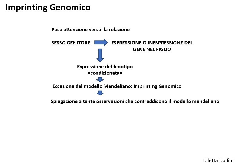 Imprinting Genomico Poca attenzione verso la relazione SESSO GENITORE ESPRESSIONE O INESPRESSIONE DEL GENE