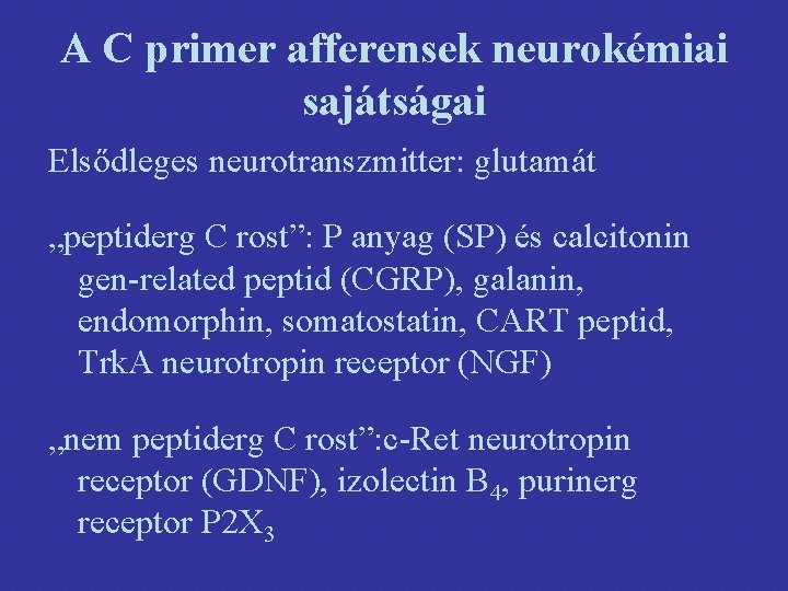 A C primer afferensek neurokémiai sajátságai Elsődleges neurotranszmitter: glutamát „peptiderg C rost”: P anyag