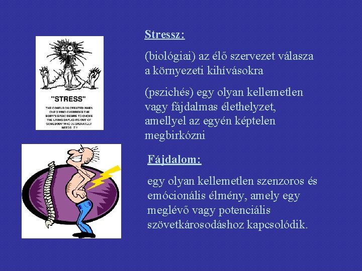 Stressz: (biológiai) az élő szervezet válasza a környezeti kihívásokra (pszichés) egy olyan kellemetlen vagy