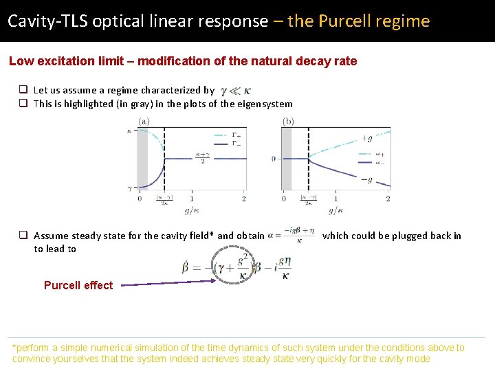 Cavity-TLS optical linear response – the Purcell regime Low excitation limit – modification of