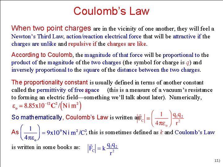 Coulomb’s Law When two point charges are in the vicinity of one another, they