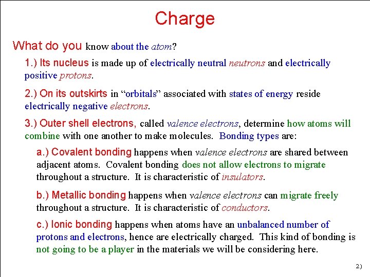 Charge What do you know about the atom? 1. ) Its nucleus is made