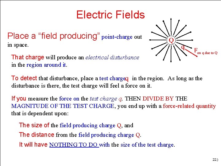 Electric Fields Place a “field producing” point-charge out in space. That charge will produce