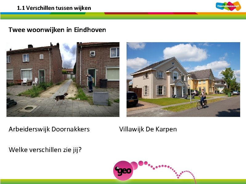1. 1 Verschillen tussen wijken Twee woonwijken in Eindhoven Arbeiderswijk Doornakkers Welke verschillen zie