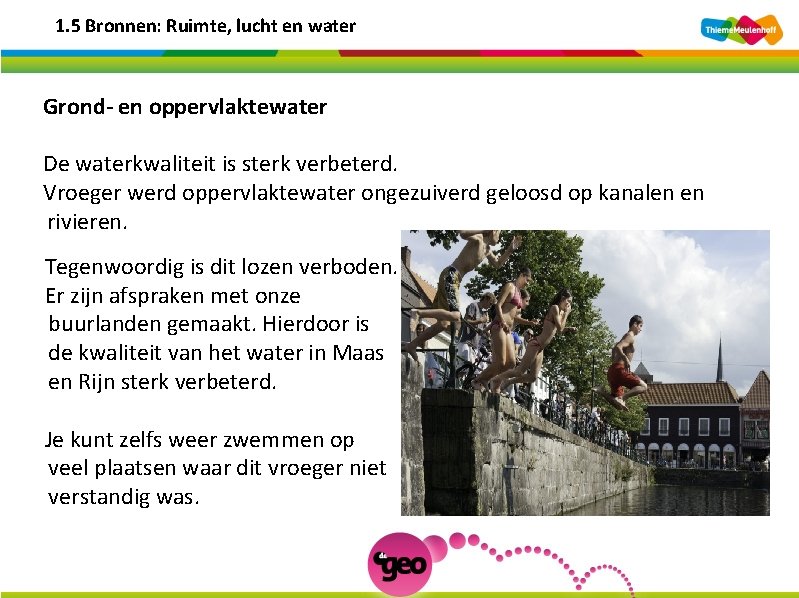 1. 5 Bronnen: Ruimte, lucht en water Grond- en oppervlaktewater De waterkwaliteit is sterk