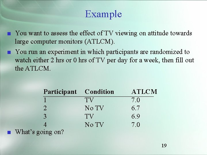 Example ■ You want to assess the effect of TV viewing on attitude towards