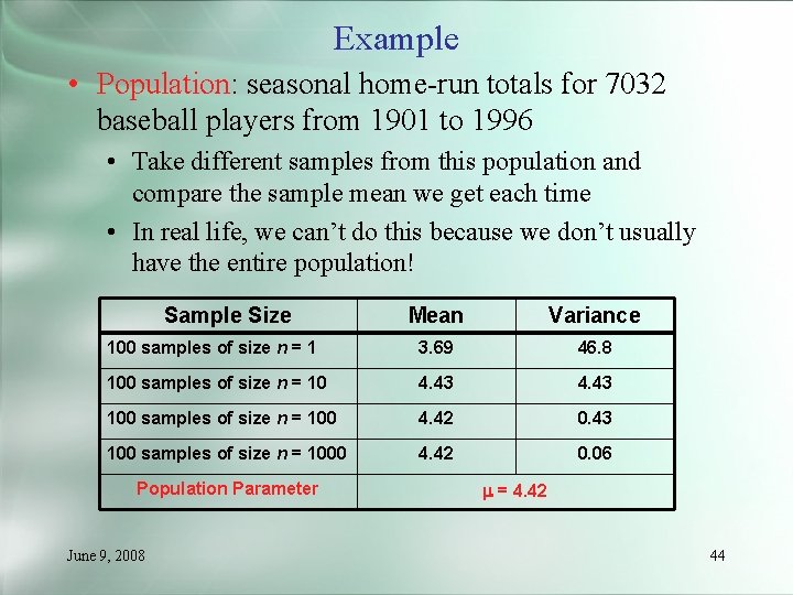Example • Population: seasonal home-run totals for 7032 baseball players from 1901 to 1996