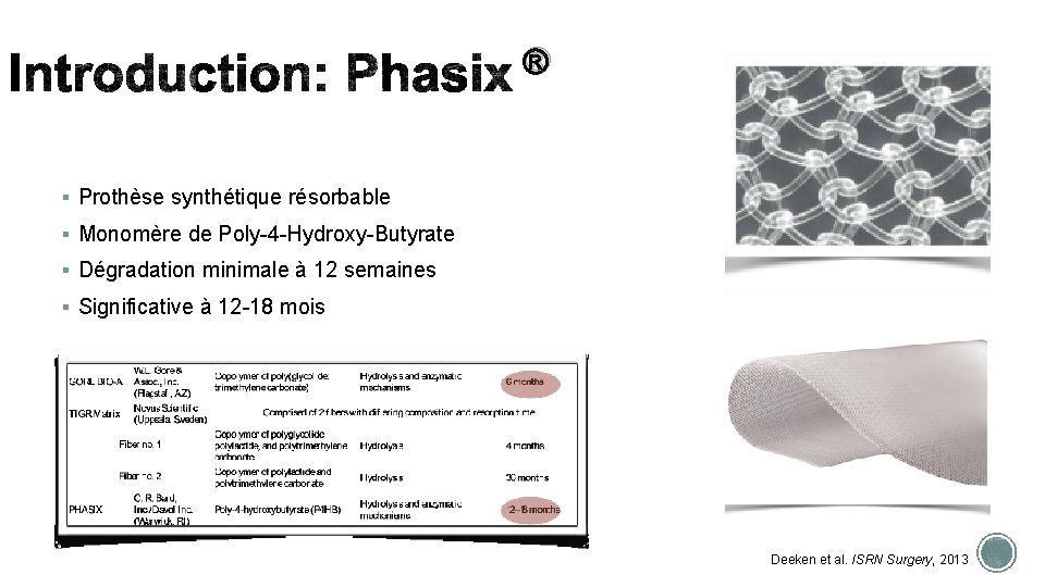  ® § Prothèse synthétique résorbable § Monomère de Poly-4 -Hydroxy-Butyrate § Dégradation minimale