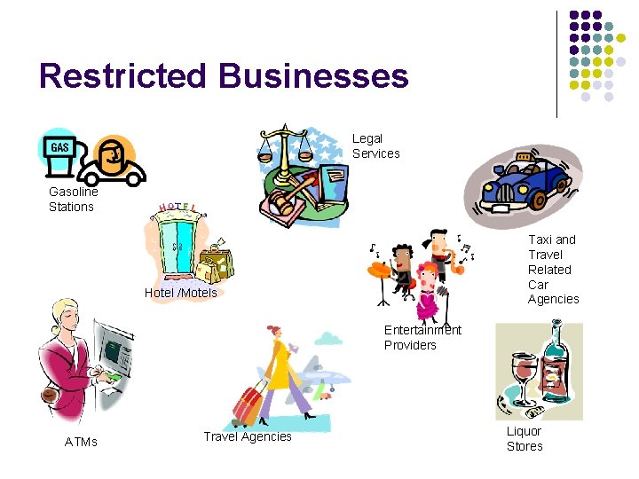 Restricted Businesses Legal Services Gasoline Stations Taxi and Travel Related Car Agencies Hotel /Motels