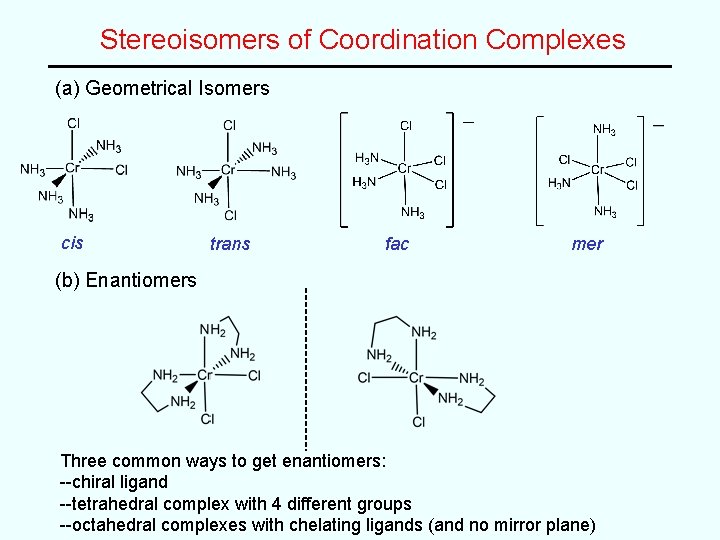 Stereoisomers of Coordination Complexes (a) Geometrical Isomers cis trans fac mer (b) Enantiomers Three