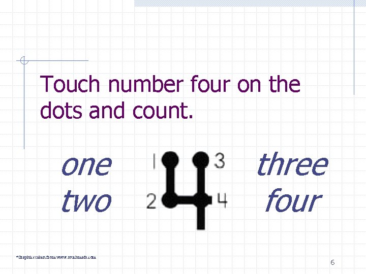 Touch number four on the dots and count. one two *Graphics taken from www.