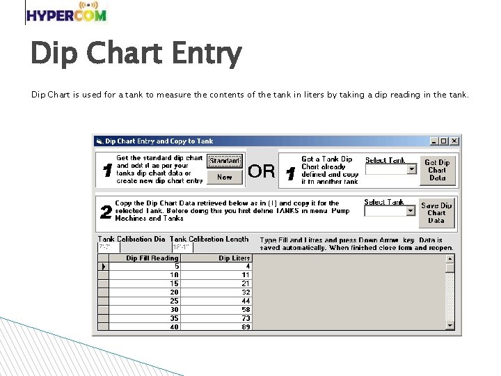 Dip Chart Entry Dip Chart is used for a tank to measure the contents