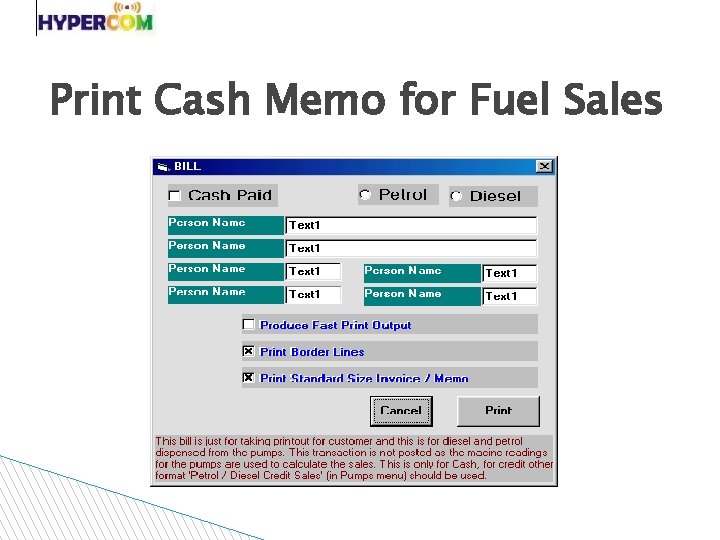 Print Cash Memo for Fuel Sales 