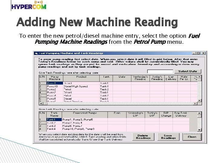 Adding New Machine Reading To enter the new petrol/diesel machine entry, select the option