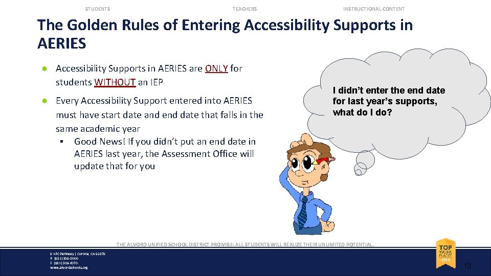 STUDENTS TEACHERS INSTRUCTIONAL CONTENT The Golden Rules of Entering Accessibility Supports in AERIES ●