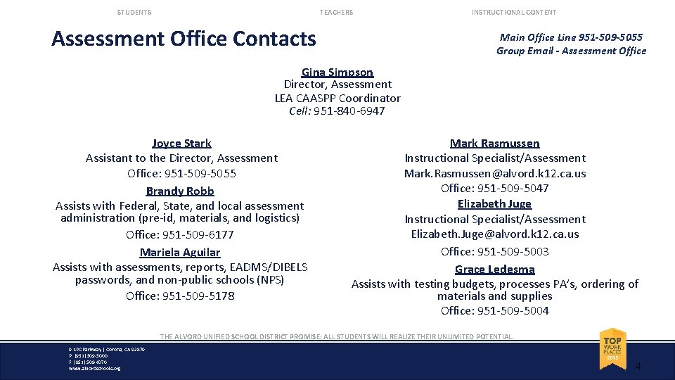 STUDENTS TEACHERS Assessment Office Contacts INSTRUCTIONAL CONTENT Main Office Line 951 -509 -5055 Group