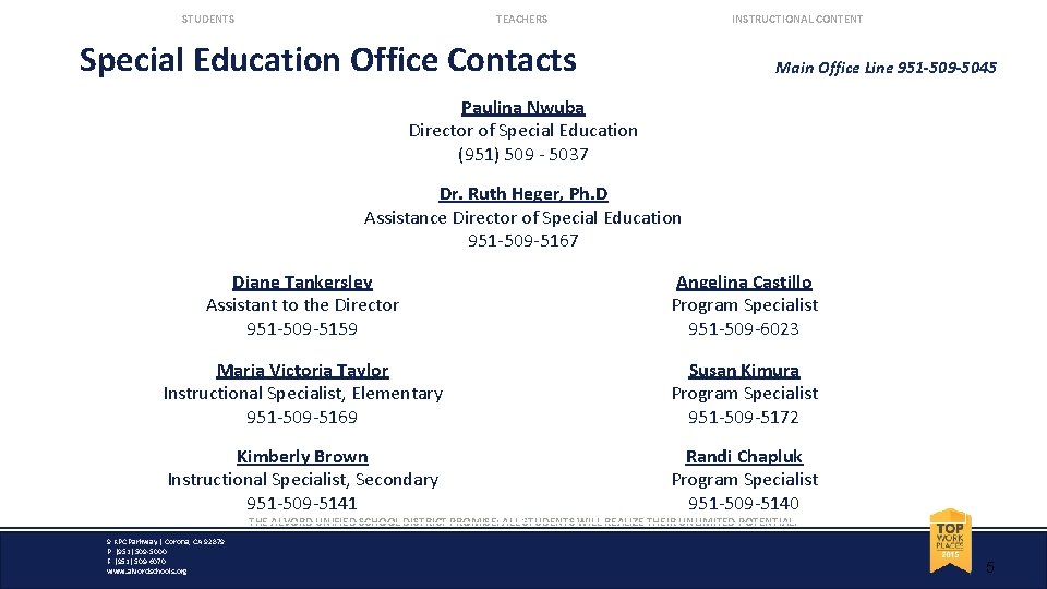 STUDENTS TEACHERS INSTRUCTIONAL CONTENT Special Education Office Contacts Main Office Line 951 -509 -5045