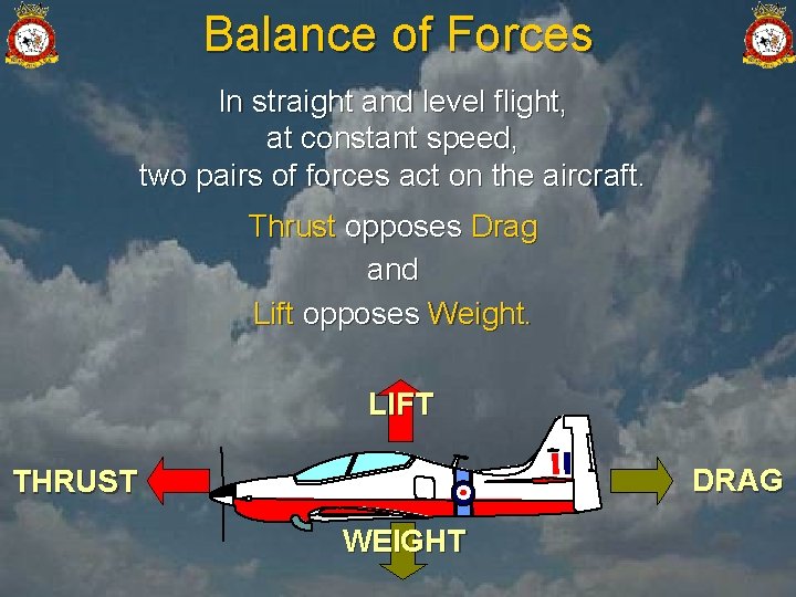 Balance of Forces In straight and level flight, at constant speed, two pairs of