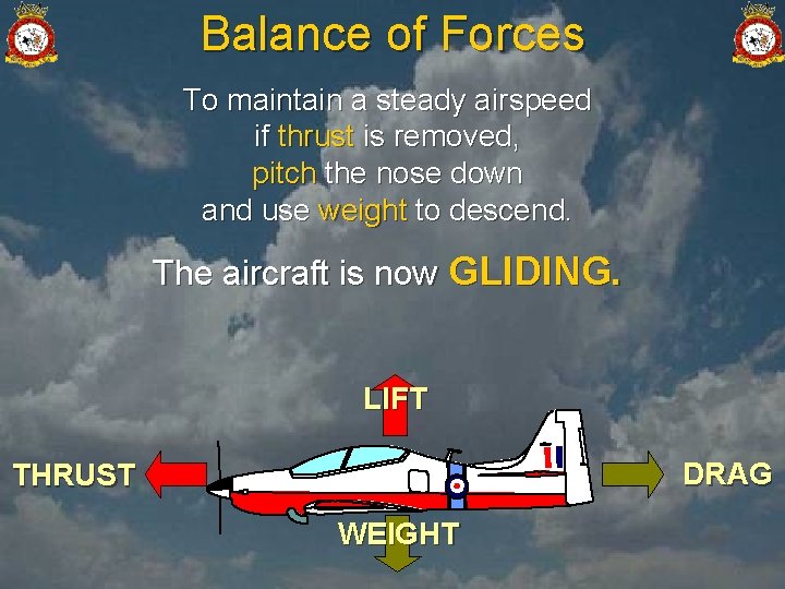 Balance of Forces To maintain a steady airspeed if thrust is removed, pitch the